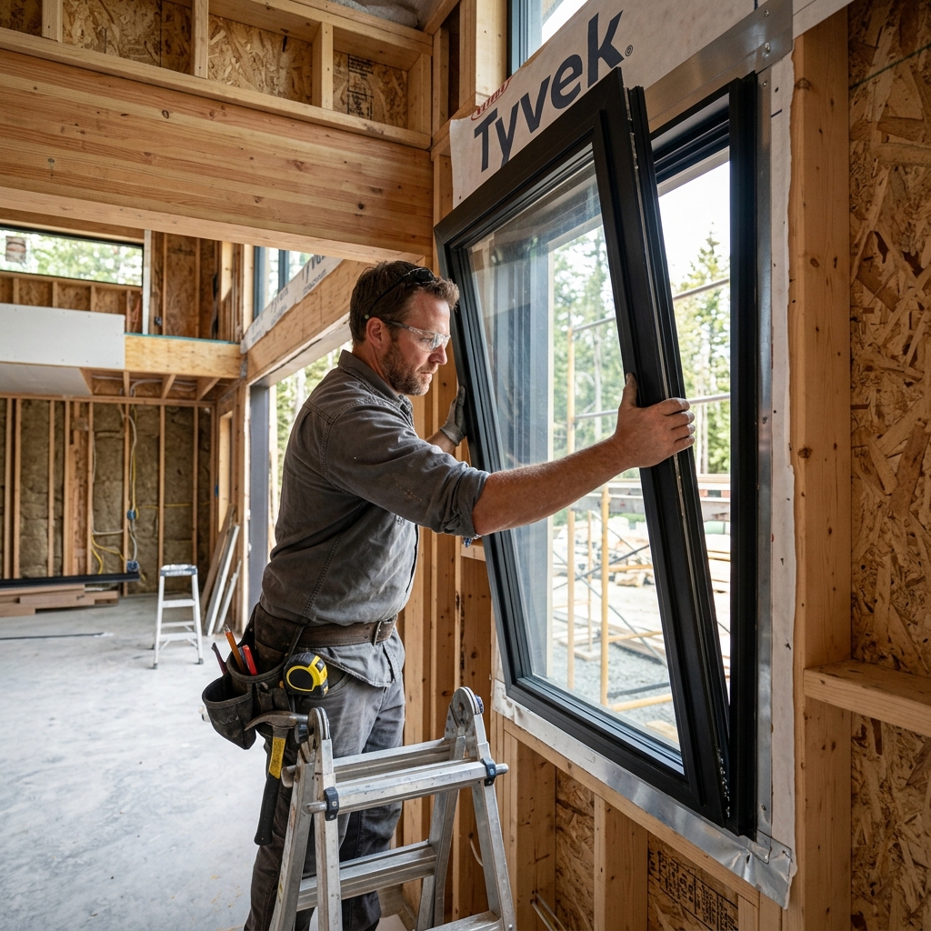 Handwerker beim Einbau eines Fensters